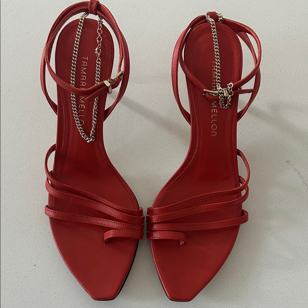 Tamara Mellon Burnt Orange Strappy Heels with gold chain ankle detail